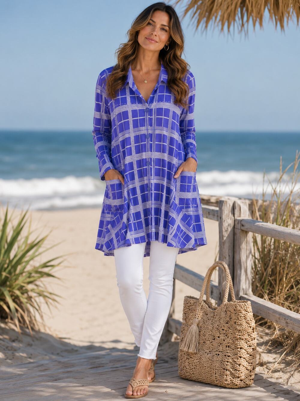 Attitudes by Renee Blue Plaid Knit Swing Tunic Shirt Pockets Size XL